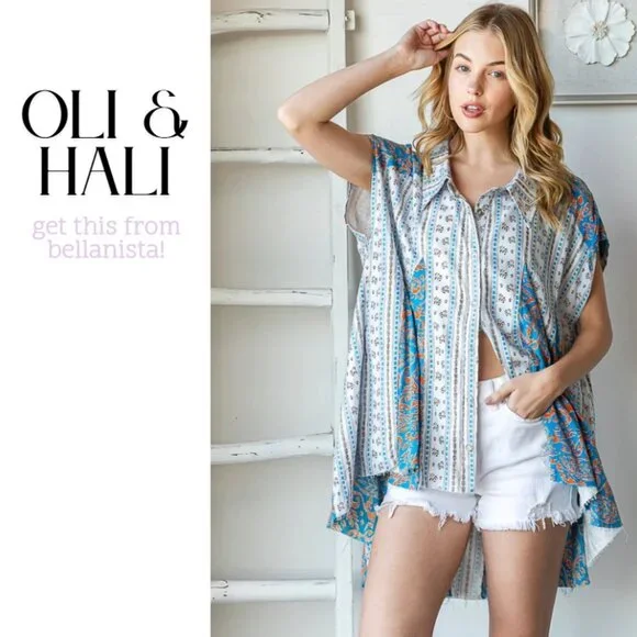 2160 OLI & HALI Blue Printed Flare Hem Button Up Swing Top - Picture 5 of 6